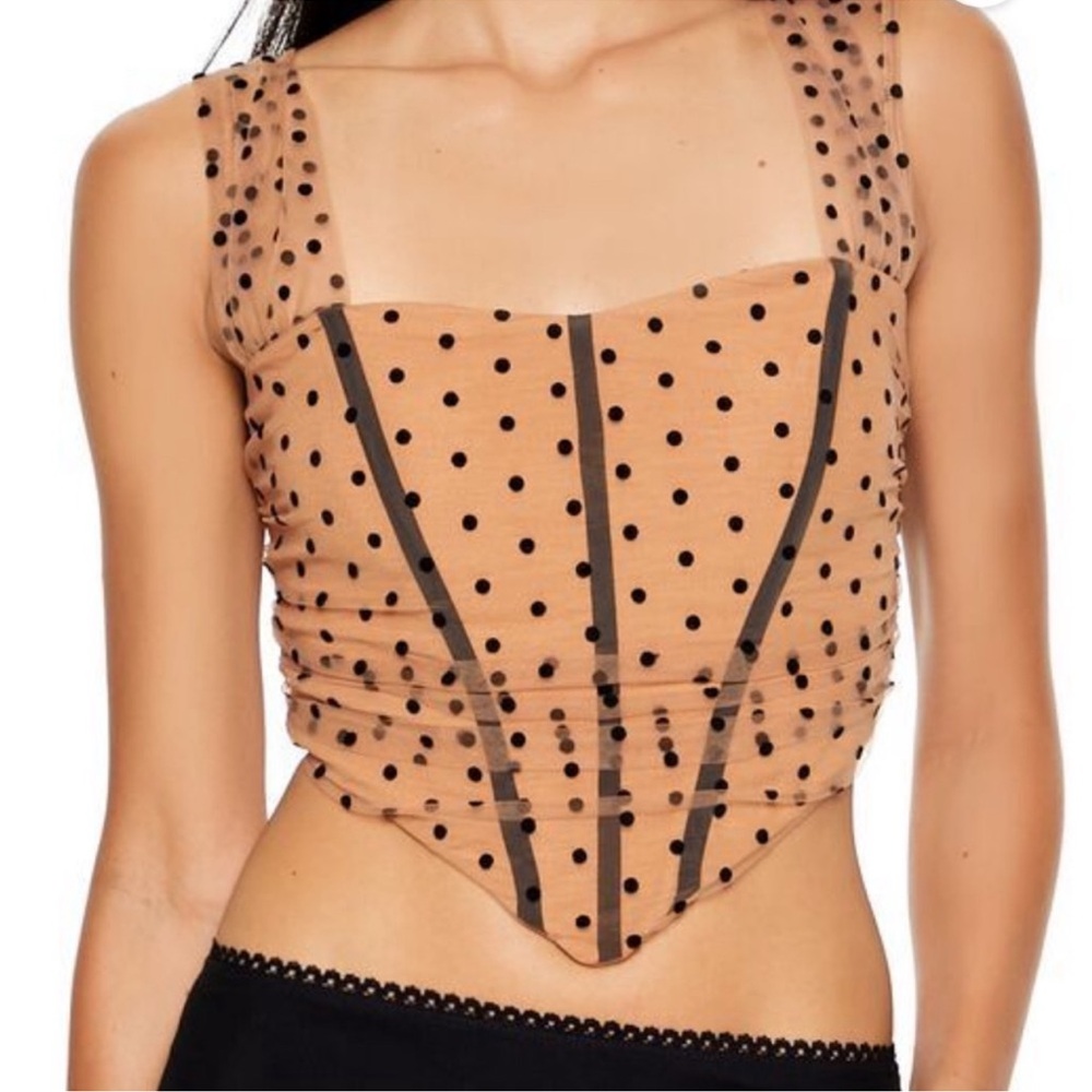Sheer Polka Dot Corset Top Tan Black Velvet Tulle Bustier Boned Tank
